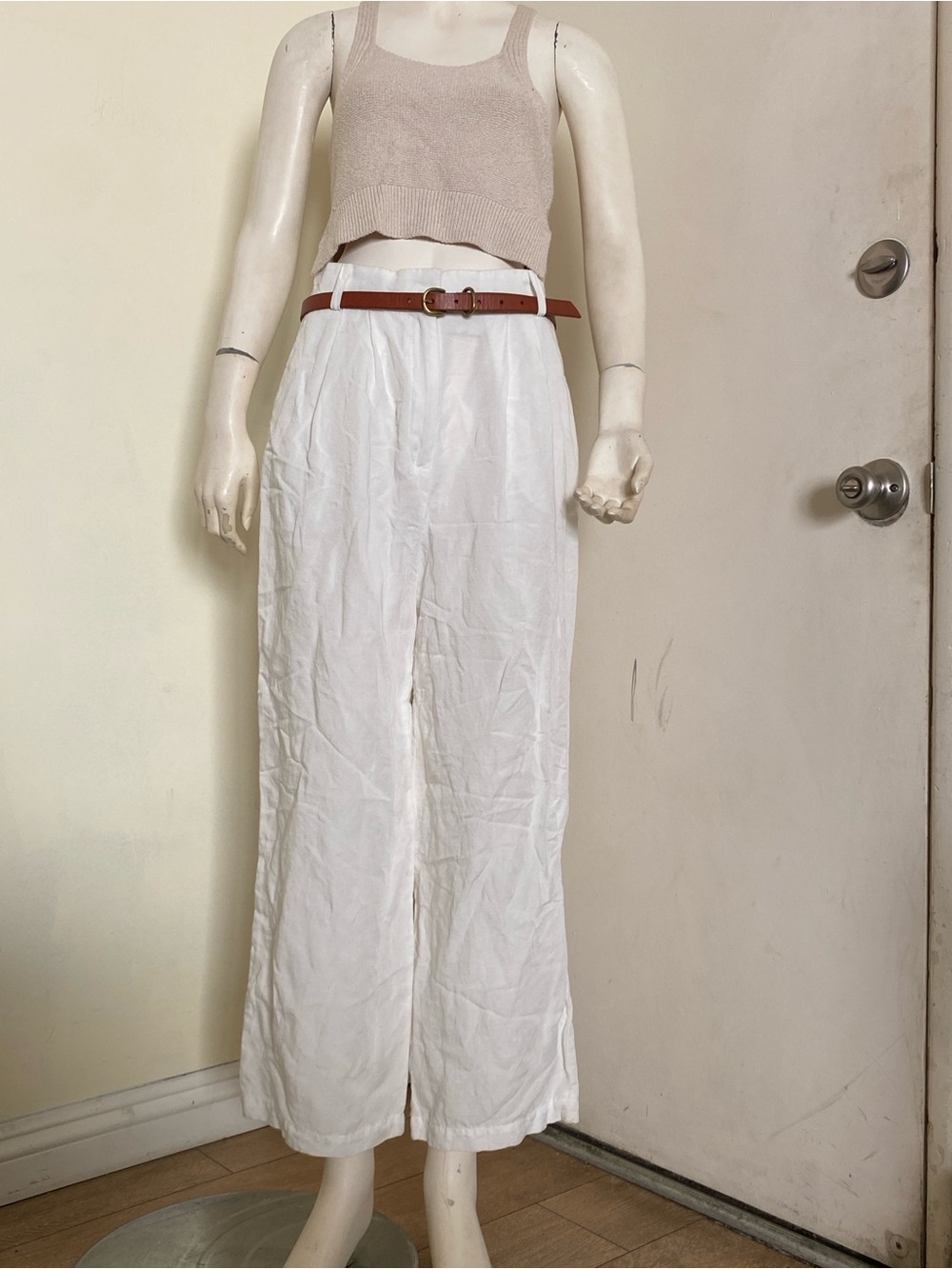 H&M White Wide-Leg Linen-Blend Pants